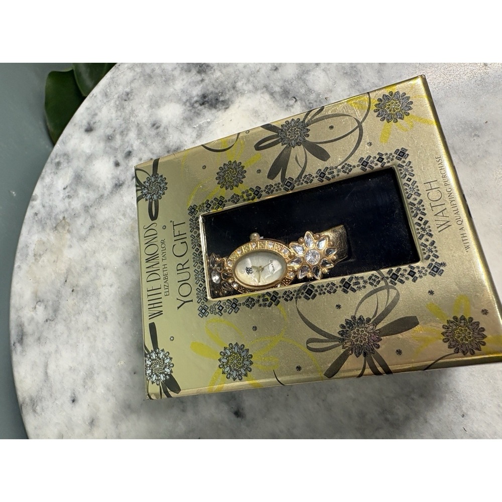 Elizabeth Taylor White Diamonds Quartz Oval Analog Watch Gold Case w/ Box